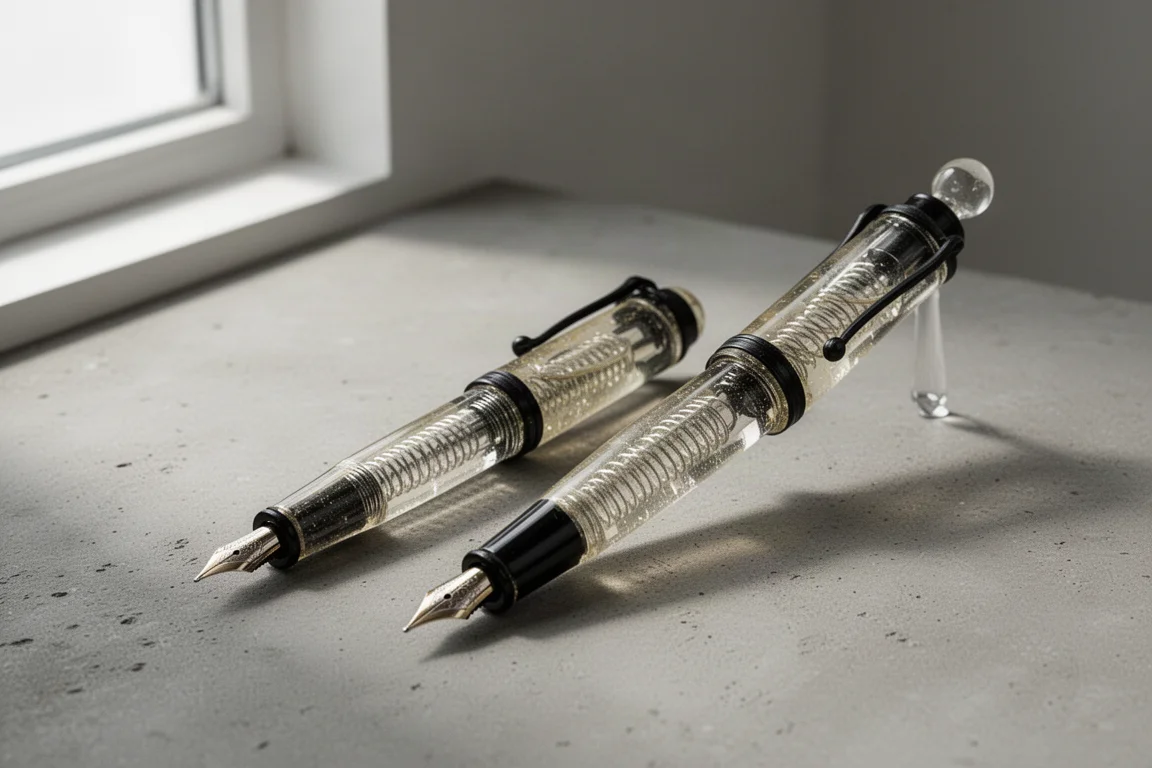Two translucent 3D printed fountain pens on a concrete surface