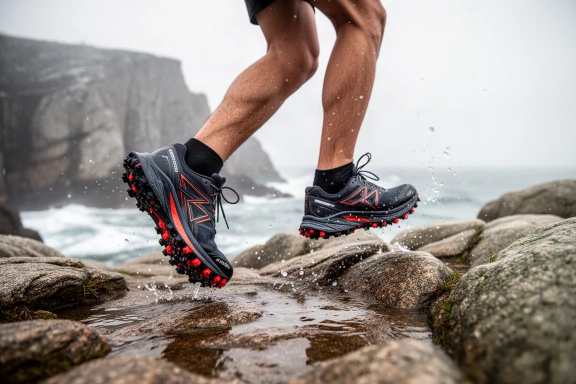 Füße eines Trailrunners, die einen nassen felsigen Küstenpfad in Profil-Schuhen überqueren