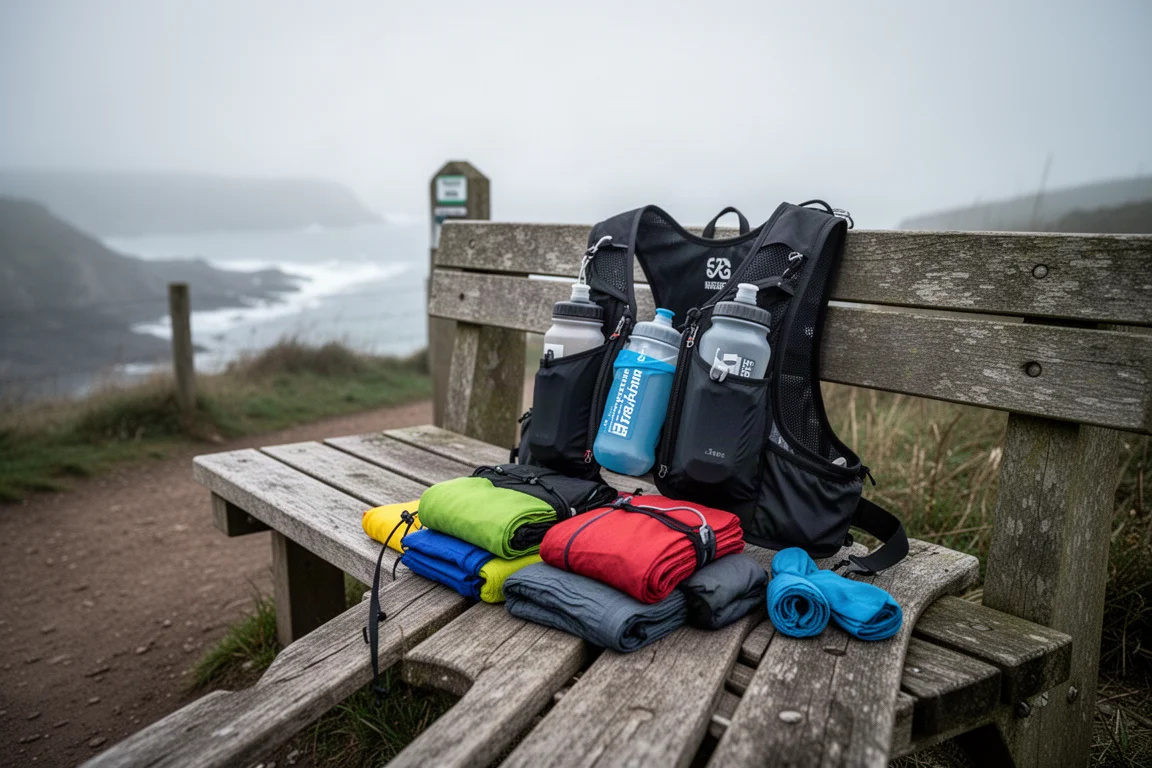 Laufweste mit Soft Flasks und Ausrüstung auf einer Holzbank vor dem Lauf