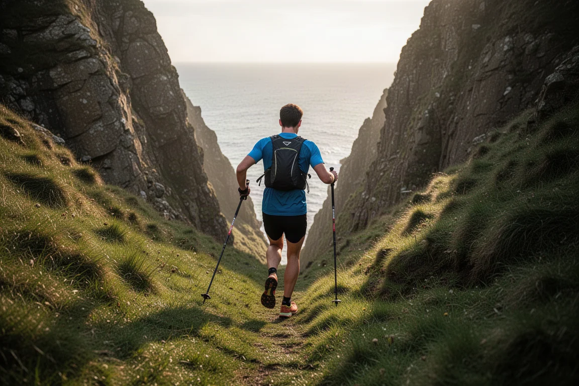 Trailrunning-Stöcke im Einsatz an einem steilen Küstenanstieg