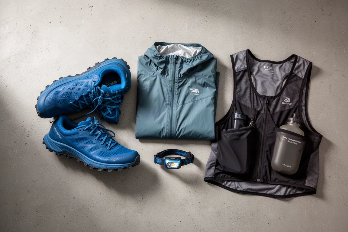 Composizione flat-lay di scarpe da trail, giacca impermeabile, frontale e race vest su cemento