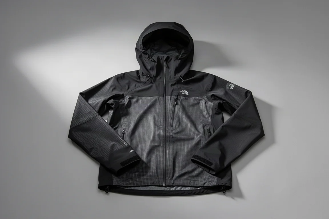 Lightweight black mountaineering hardshell jacket laid flat on a neutral grey backdrop