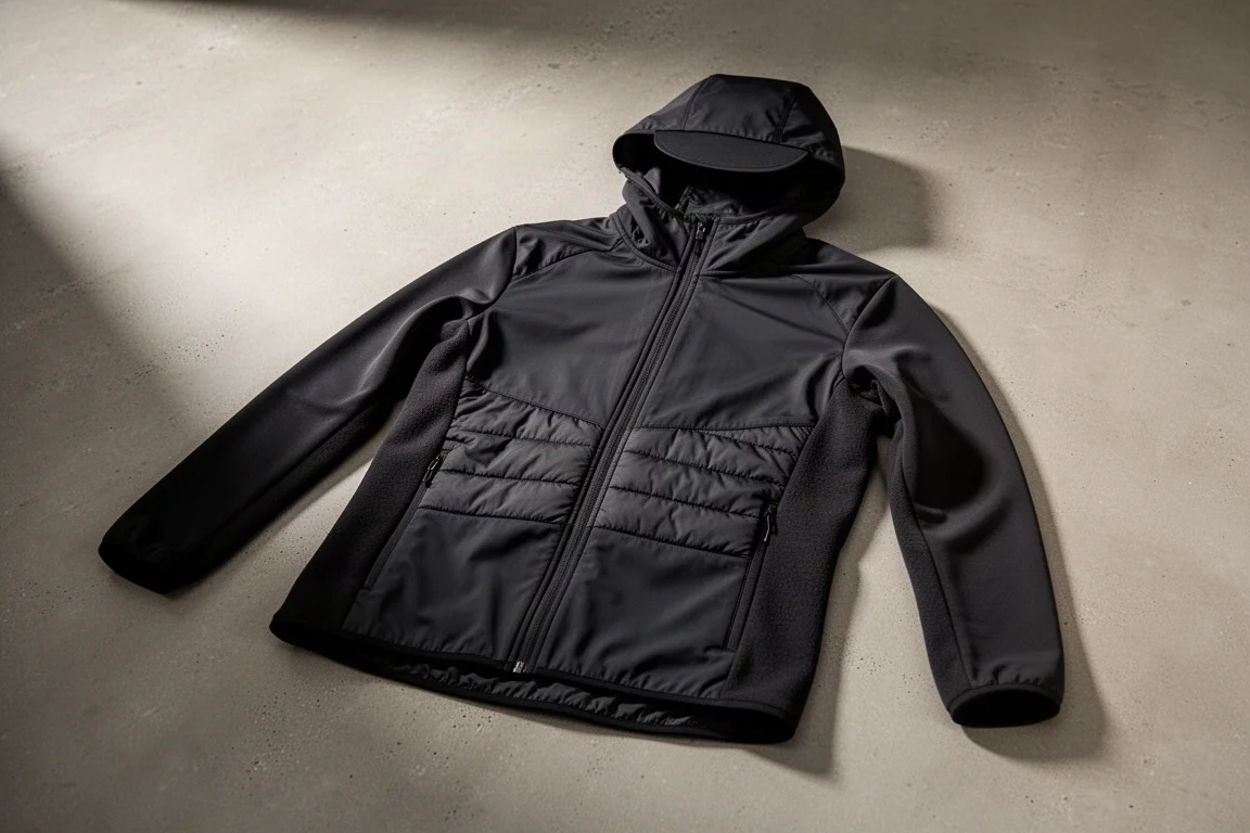 Black hooded synthetic midlayer jacket laid flat on a matte concrete surface