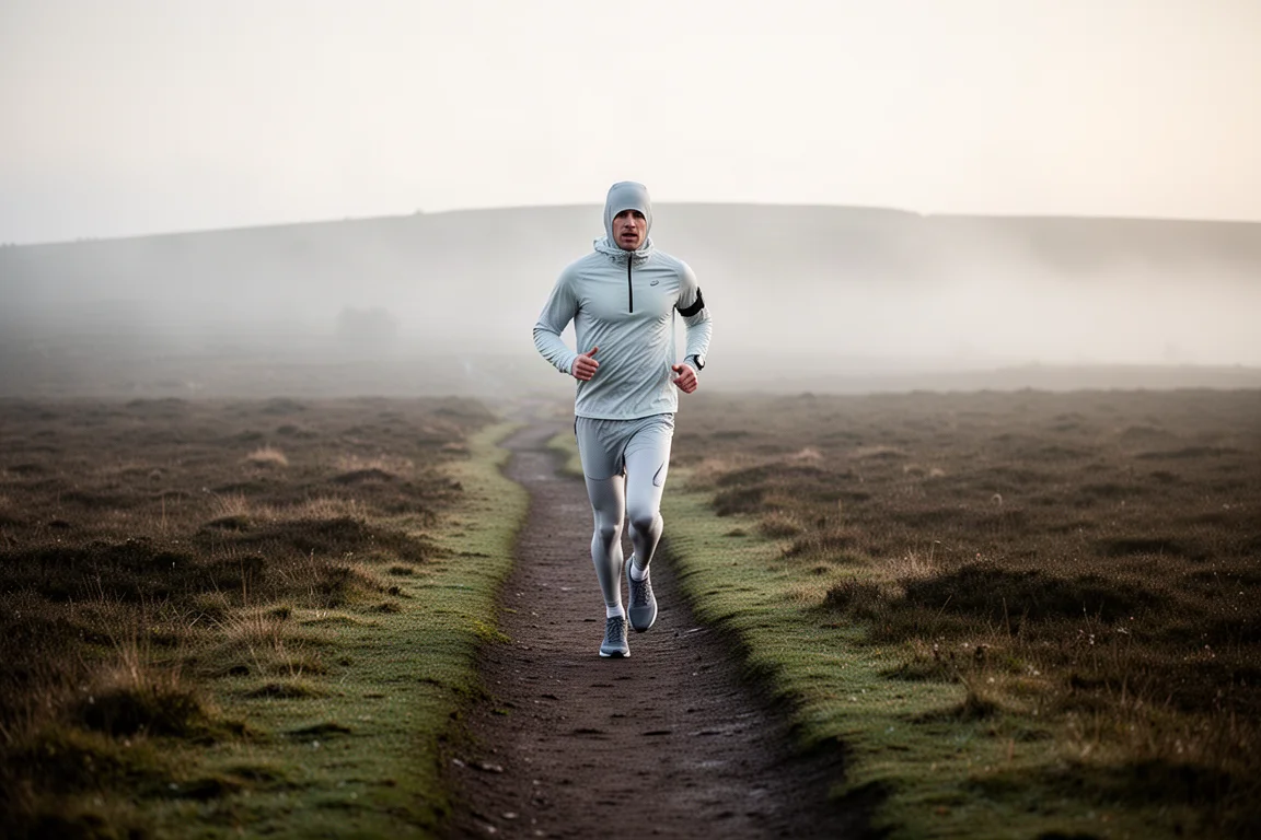 Runner on a narrow moorland trail in soft morning light
