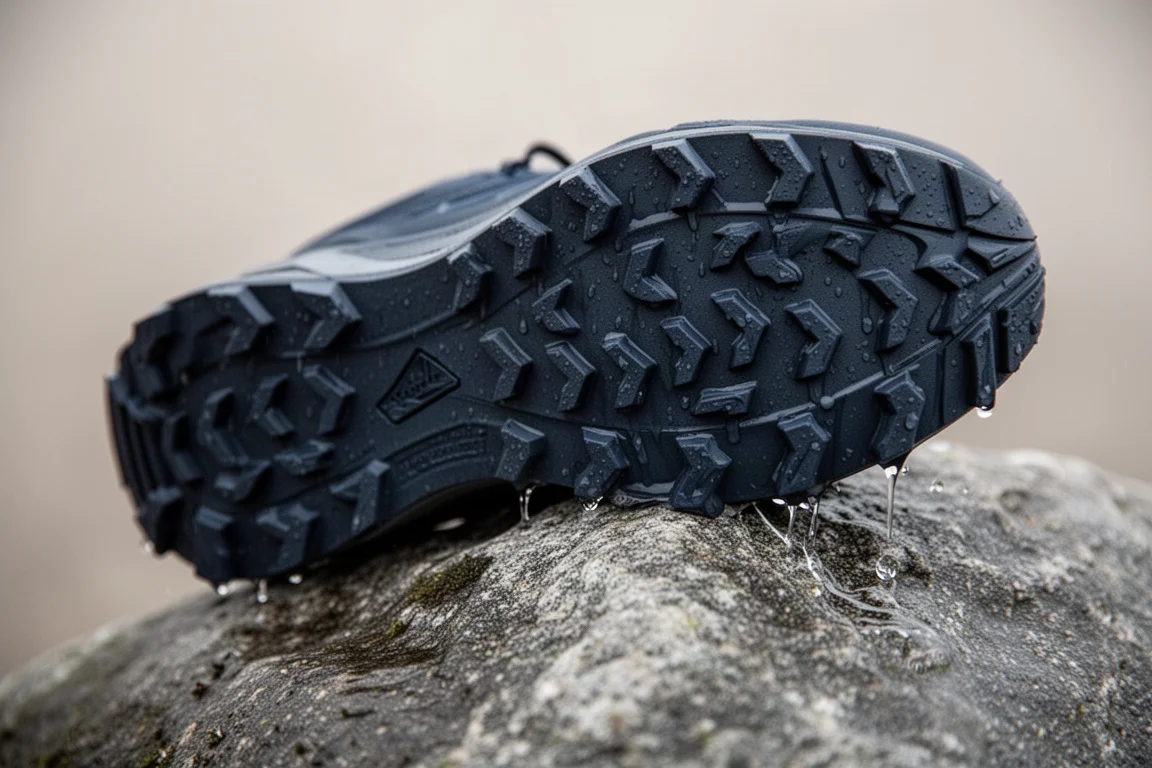 Close-up of a trail shoe outsole gripping wet rock