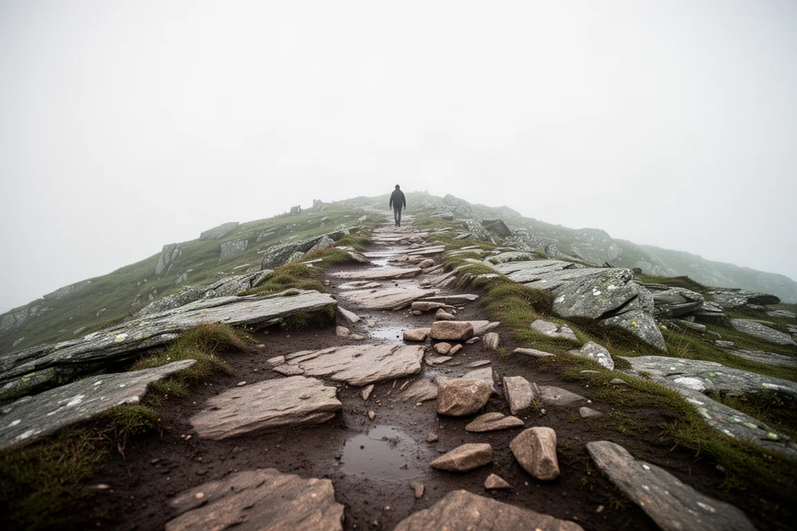 Rocky ridgeline trail with mixed dry rock and damp earth