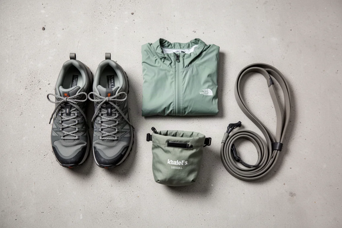 Overhead flat-lay of trail shoes, shell jacket, and climbing gear on concrete