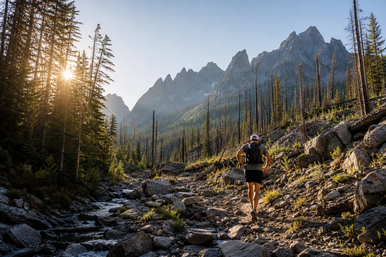 Trailrunner beim Aufstieg in einem felsigen Bachbett mit zerklüfteten Berggipfeln im Hintergrund