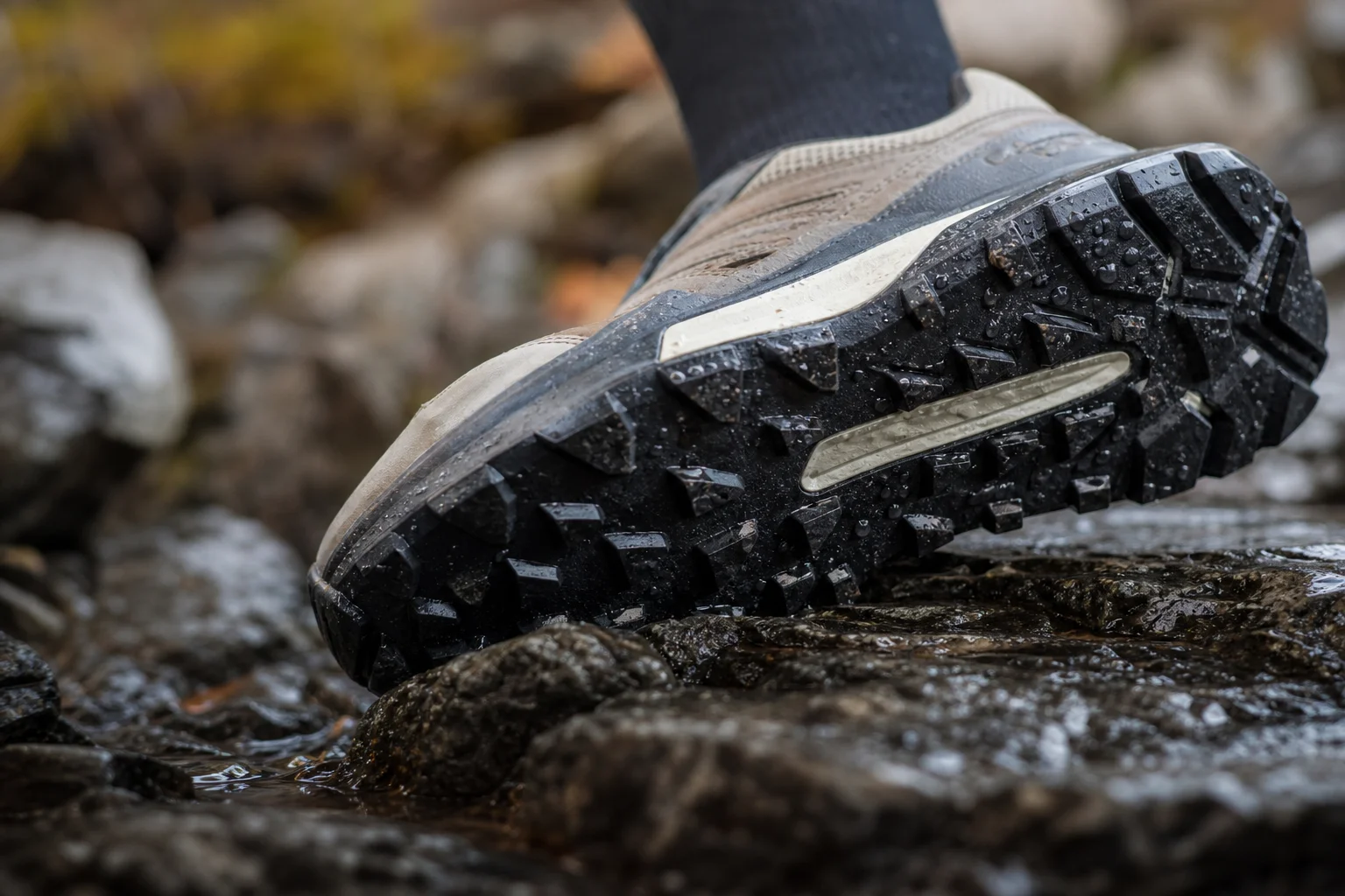 Nahaufnahme der Trail-Schuhsohle mit 6mm Stollen auf nassem, felsigem Untergrund mit Wassertropfen