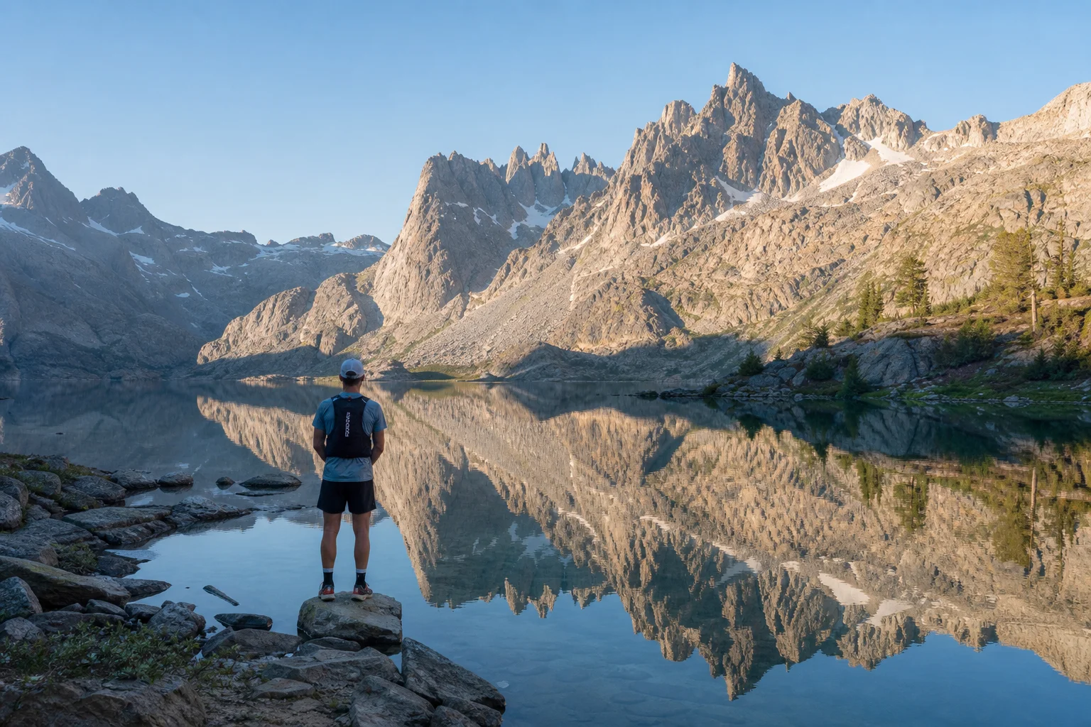 Trailrunner am Ufer eines Bergsees mit zerklüfteten Gipfeln und klarer Spiegelung