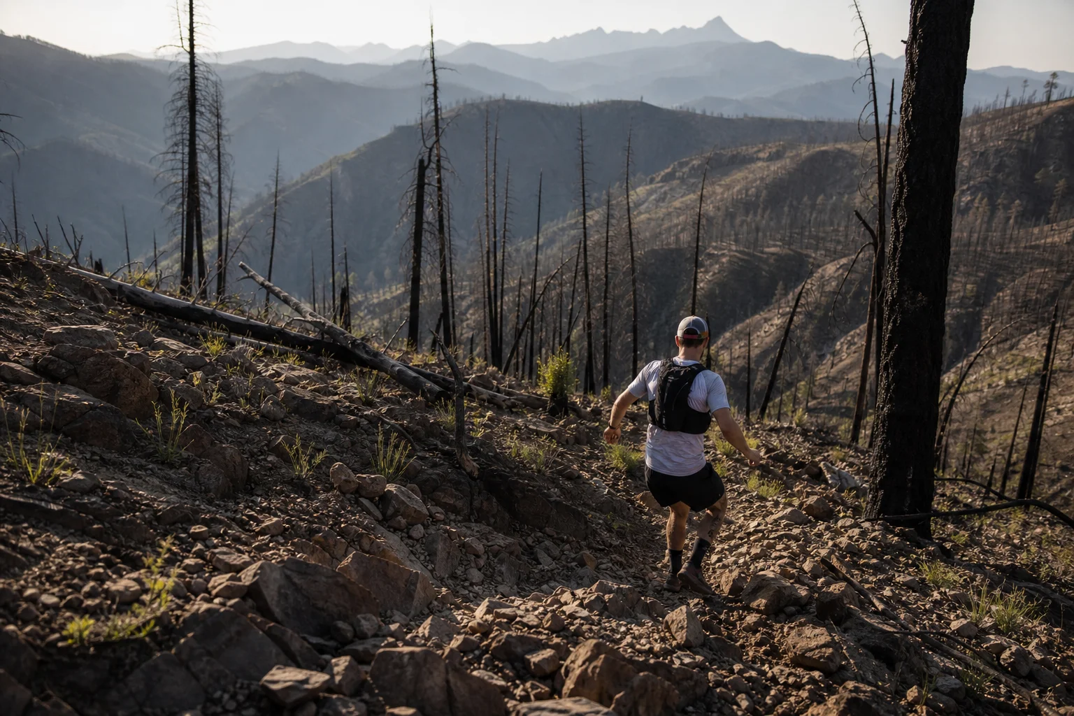 Trailrunner beim Abstieg durch ein steiles, felsiges Brandgebiet mit verkohlten Bäumen und losem Untergrund