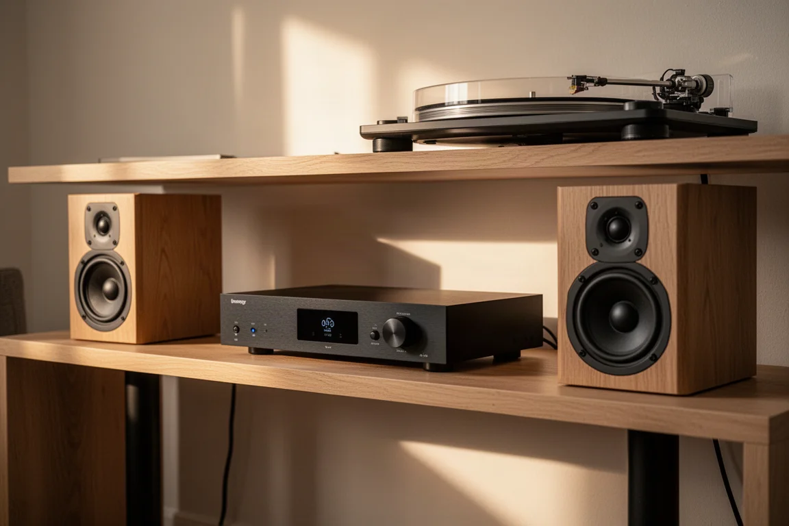 Hi-fi-förstärkare på en trähylla mellan två högtalare i ett varmt vardagsrum