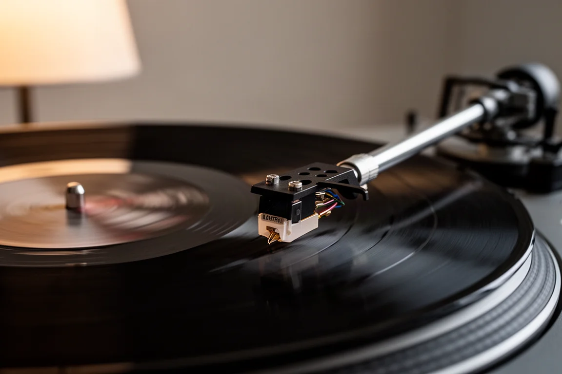 Närbild av en skivspelartonarm som följer en snurrande vinylskiva i varmt ljus