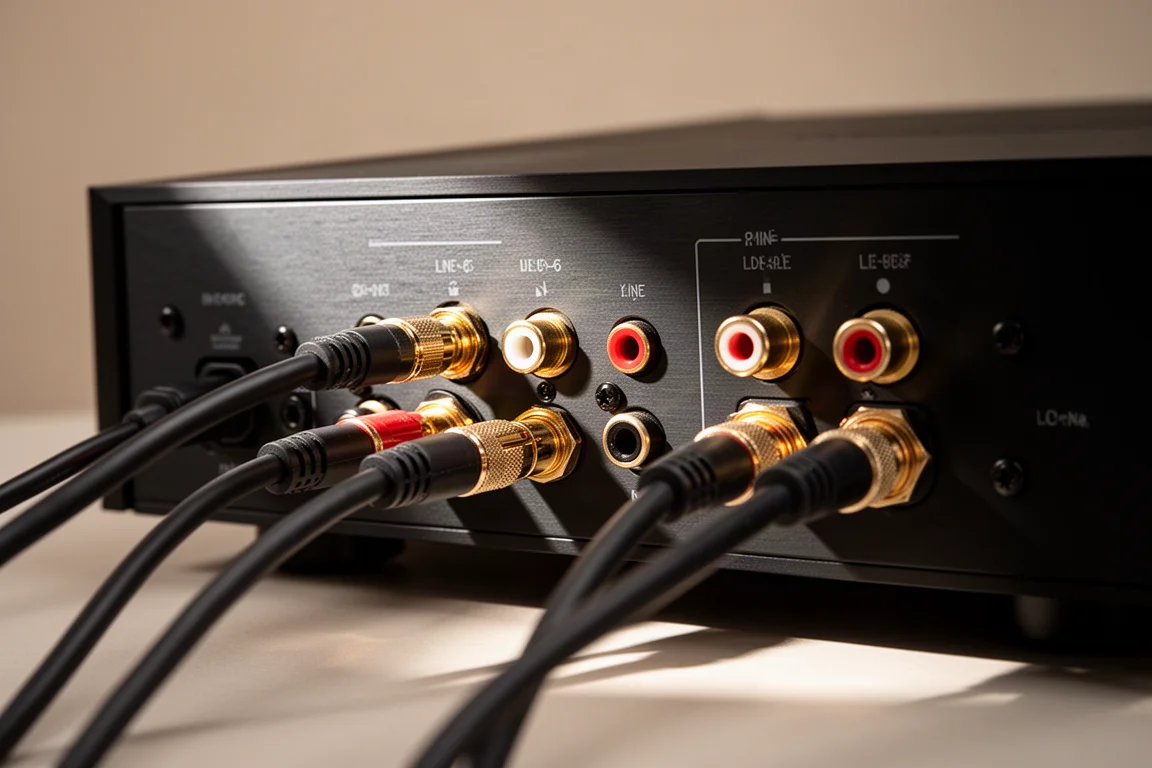 Signalkablar och högtalarkablar anslutna till baksidan av en hi-fi-förstärkare