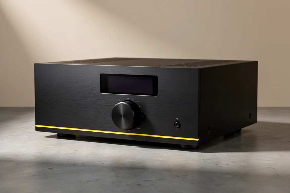 Matte black integrated stereo amplifier with yellow accent line on a concrete surface