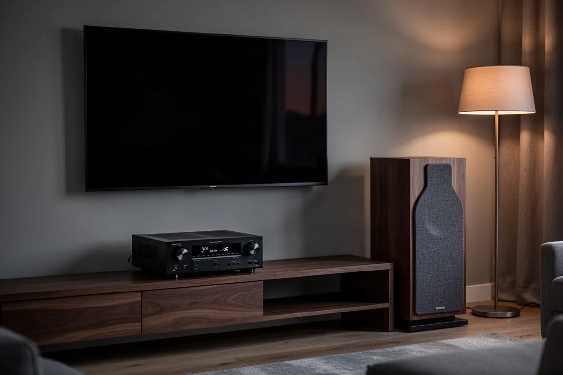 Sala home theater in penombra con un ricevitore AV su uno scaffale e un diffusore da pavimento