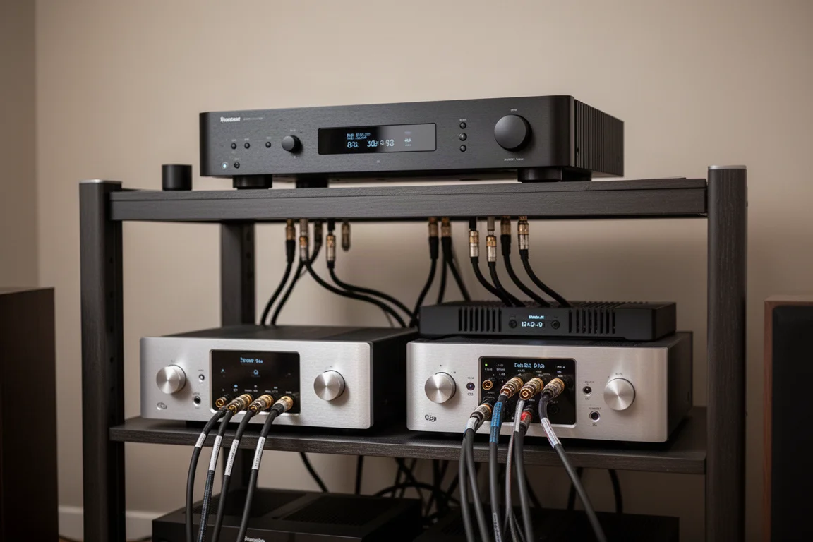 Rack per apparecchiature con un processore surround e finali di potenza collegati tramite cavi XLR
