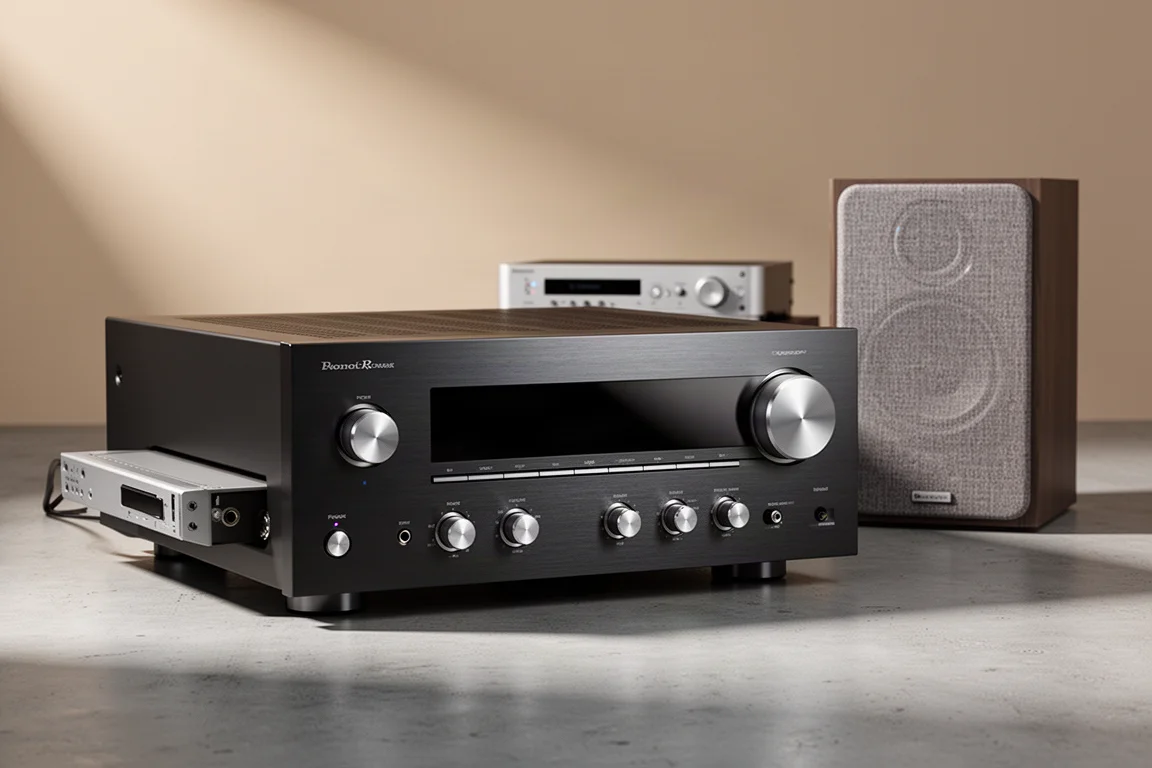 Gunmetal home theater receiver and slim surround processor on a concrete surface