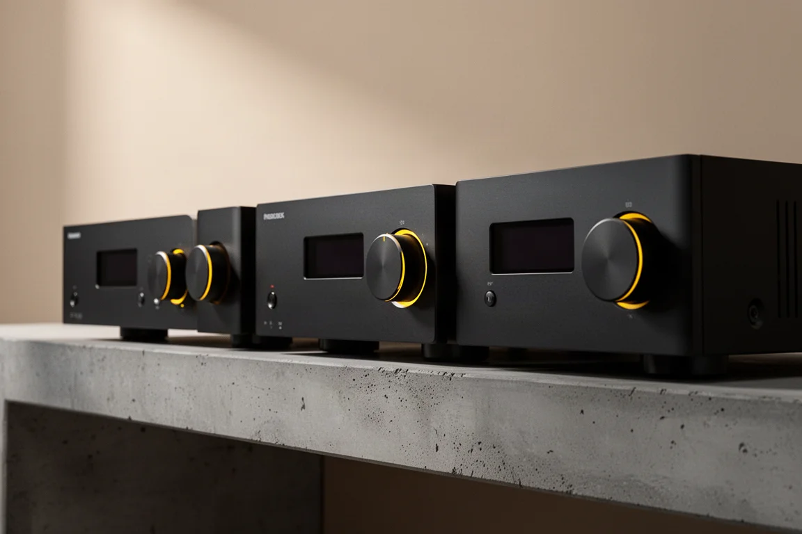 Four matte black home theater AV components lined up on a concrete shelf