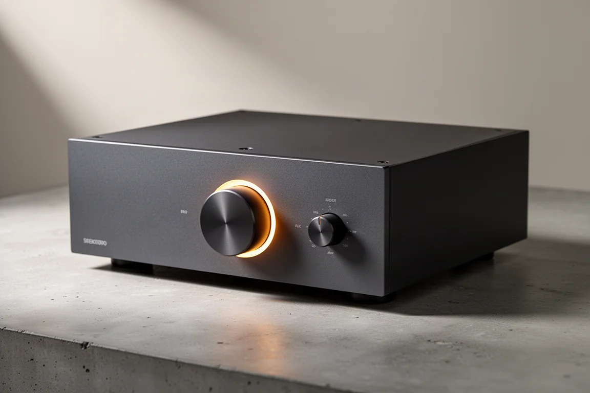 Slimline stereo integrated amplifier with a large volume knob on a matte concrete surface