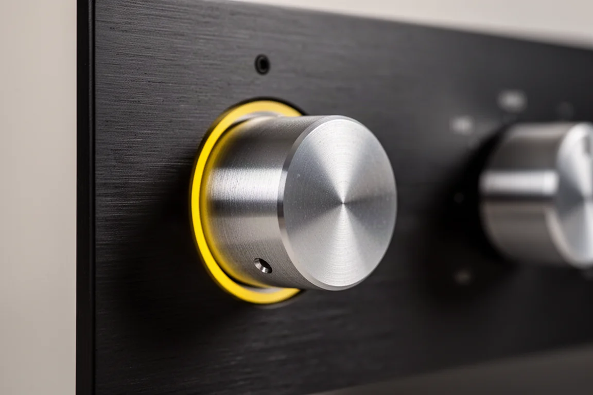 Gros plan d'un bouton de volume d'amplificateur en aluminium usiné avec un fin liseré jaune