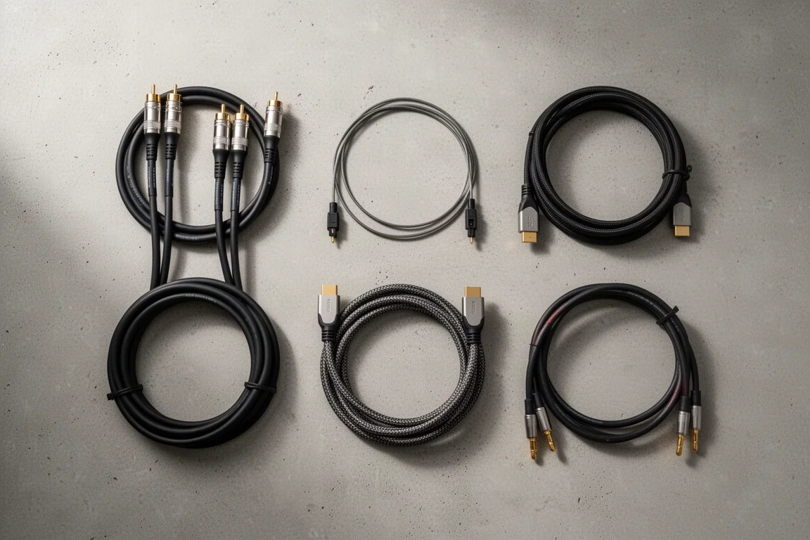 Vue à plat de câbles audio, dont RCA, optique, HDMI et câble d'enceinte