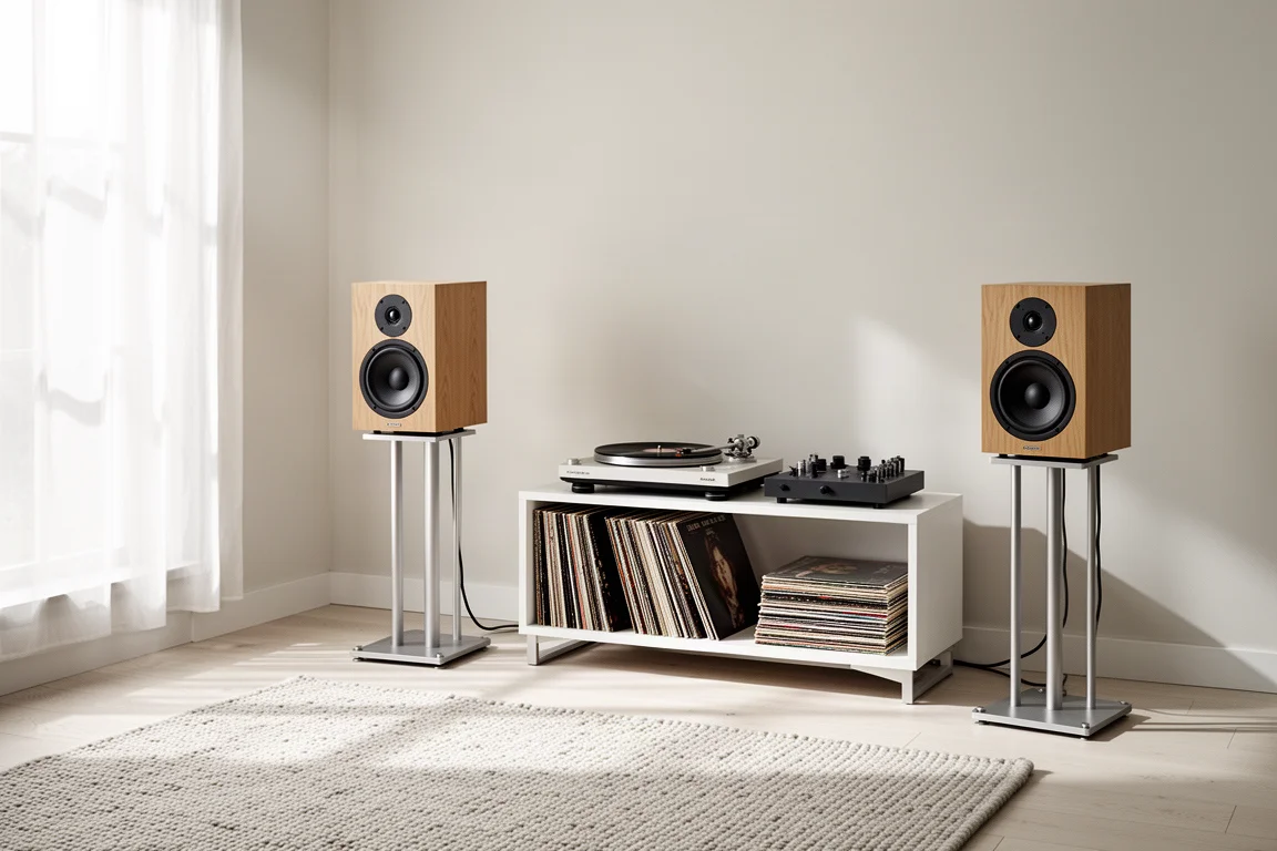 Pièce d'écoute lumineuse avec des enceintes bibliothèque sur pieds et une platine vinyle à proximité