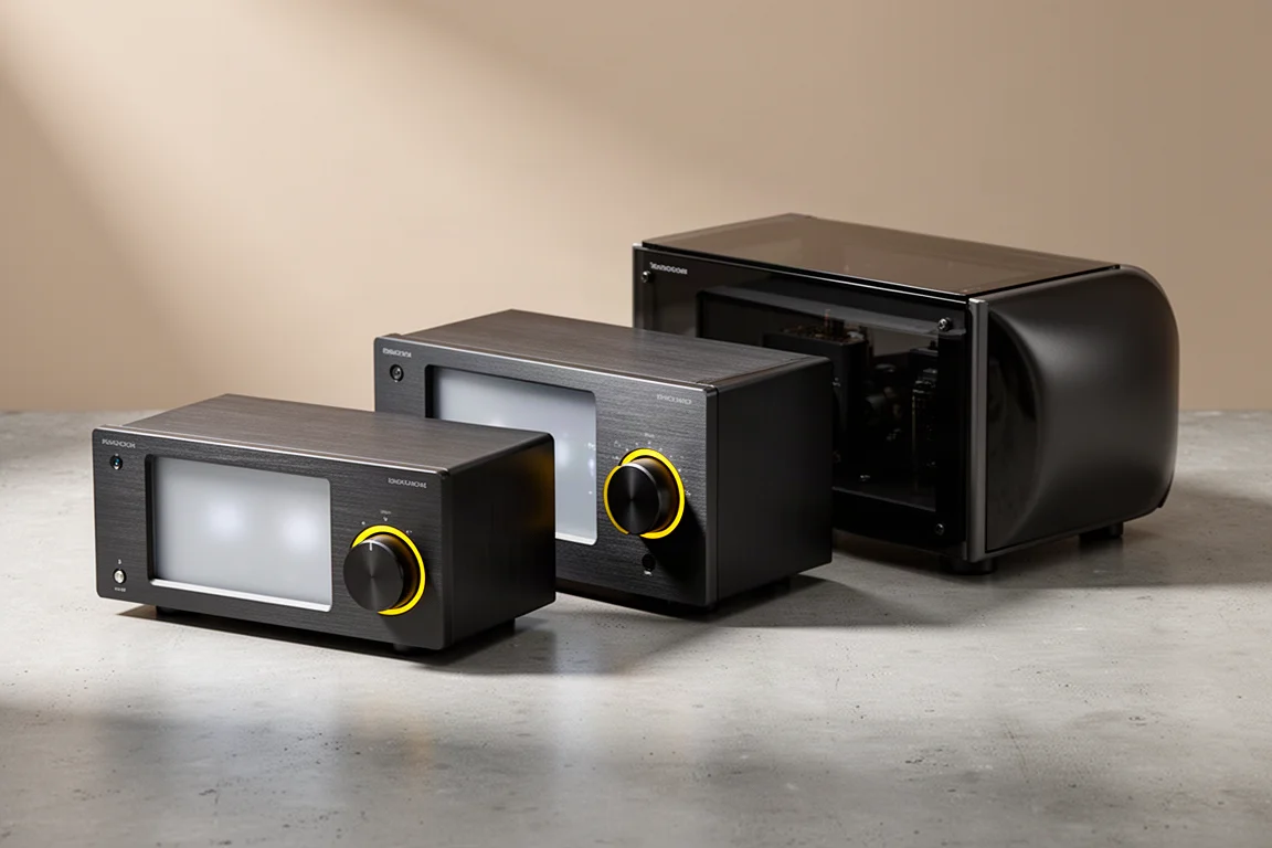 Three slim dark metal integrated amplifiers arranged in a row on a concrete surface