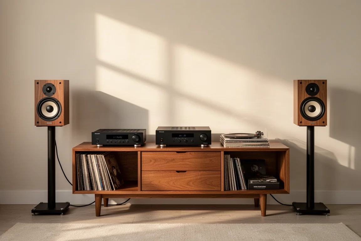 Hörszene im Wohnzimmer mit schwarzem Verstärker und Regallautsprechern auf einer Holzsideboard