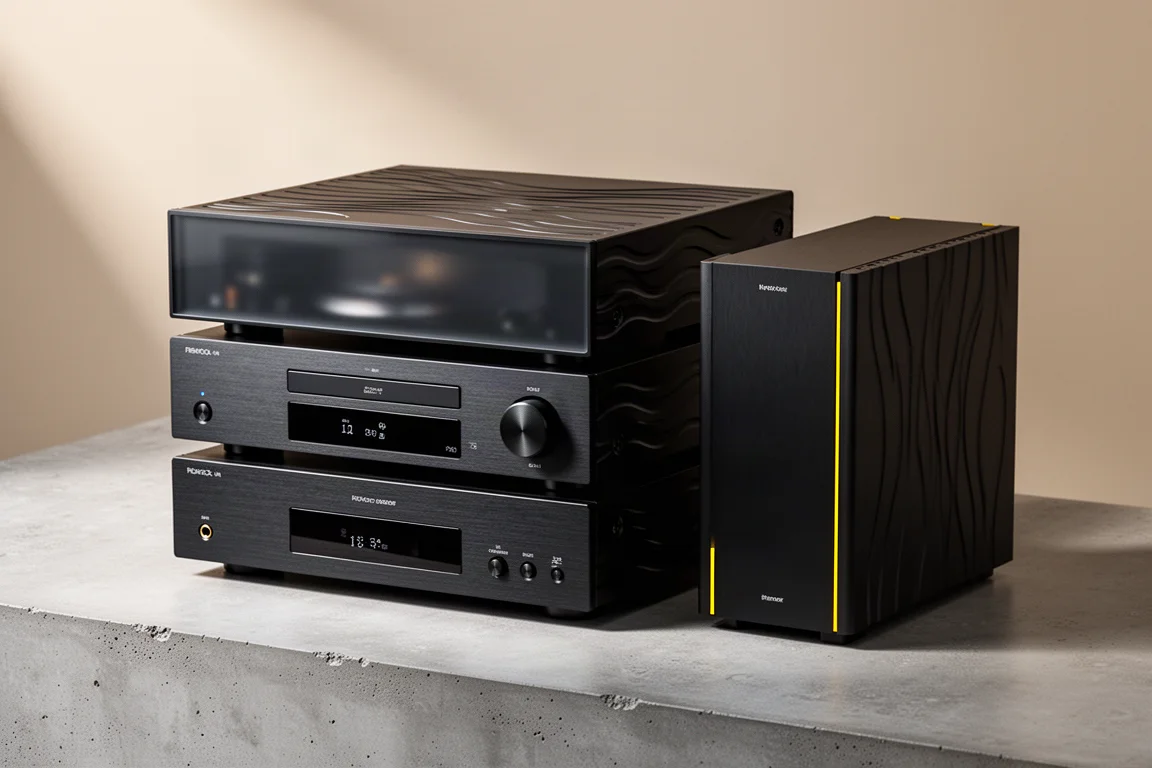 Stacked hi-fi amplifier, CD player and network streamer on a concrete surface