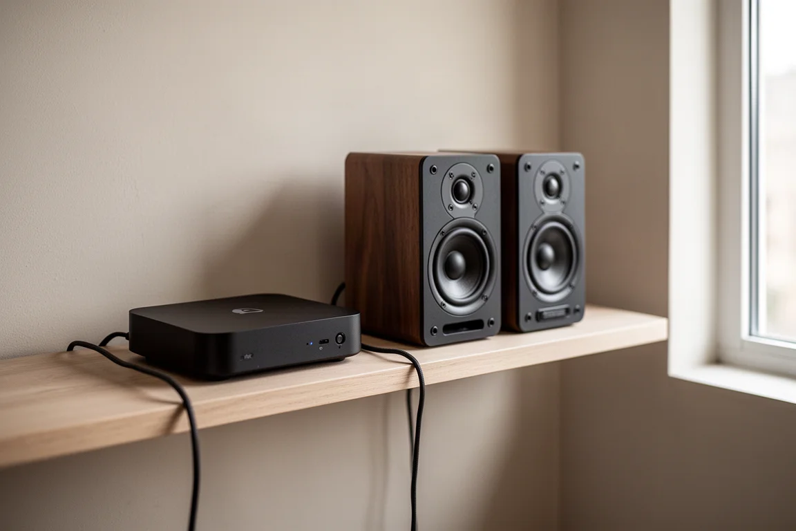 紧凑型 hi-fi 串流播放器与小书架音箱摆放在狭窄的木层板上