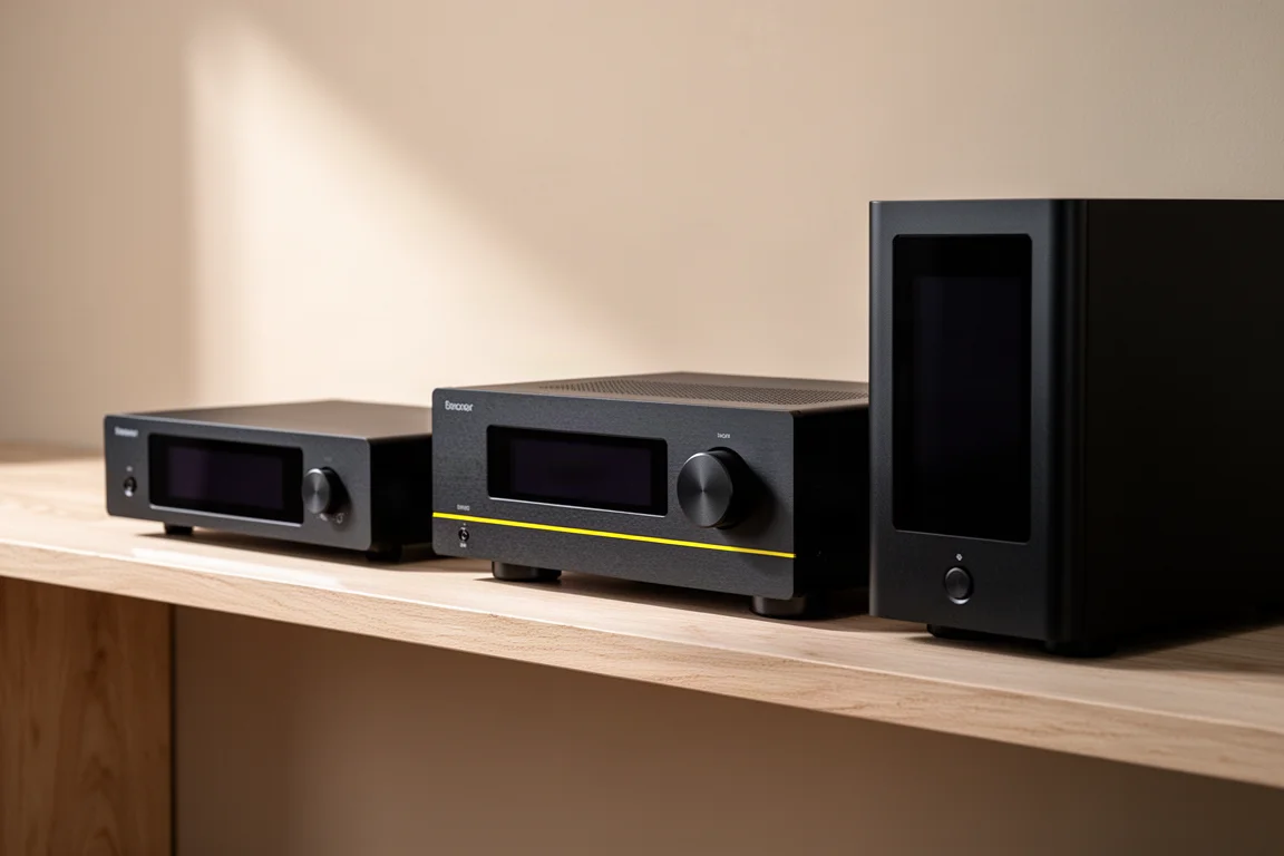 Three matte black Arcam Radia hi-fi components arranged on a pale oak shelf