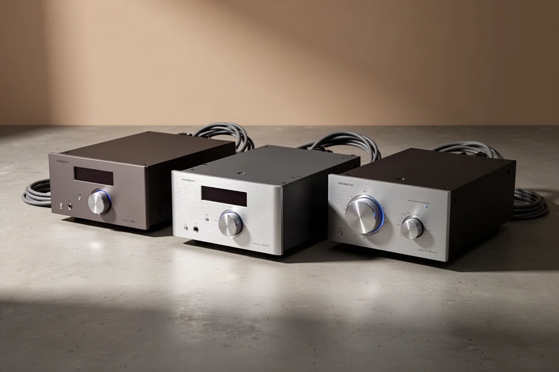 Four integrated hi-fi amplifiers lined up on a matte concrete surface in soft studio light