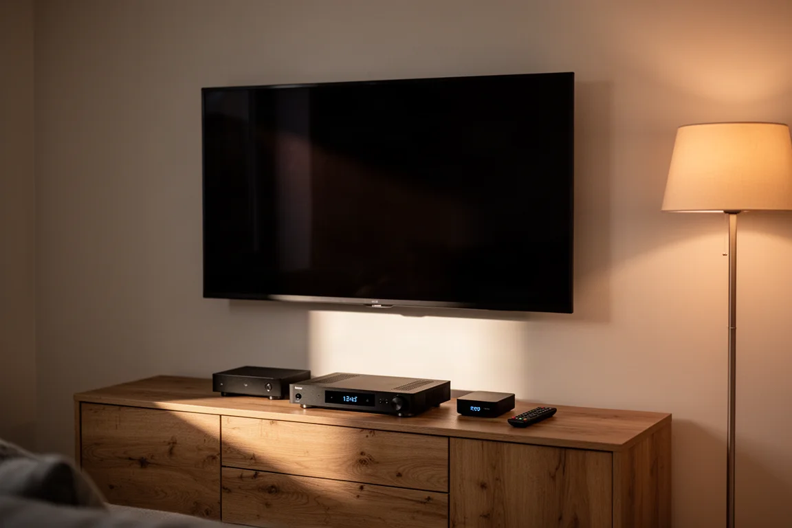 Woonkamer in de avond met wandgemonteerde televisie boven een dressoir met hifi-componenten
