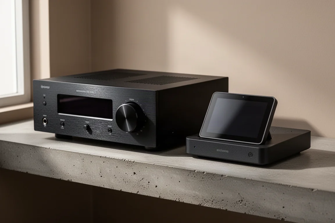 Two slim hi-fi components, an integrated amplifier and a compact streaming transport, on a concrete shelf