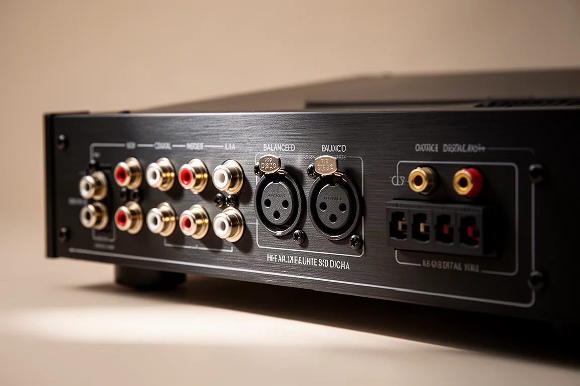 Primer plano del panel trasero de un amplificador con tomas RCA, conectores XLR y entradas digitales