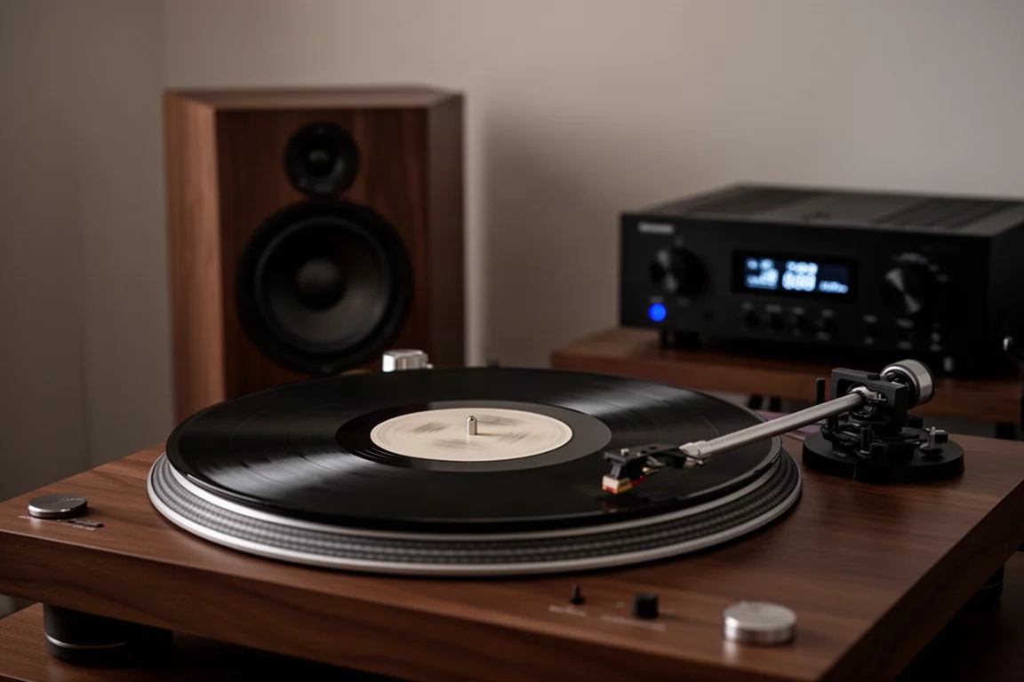 Tocadiscos reproduciendo un disco de vinilo con un subwoofer y el resplandor del amplificador detrás