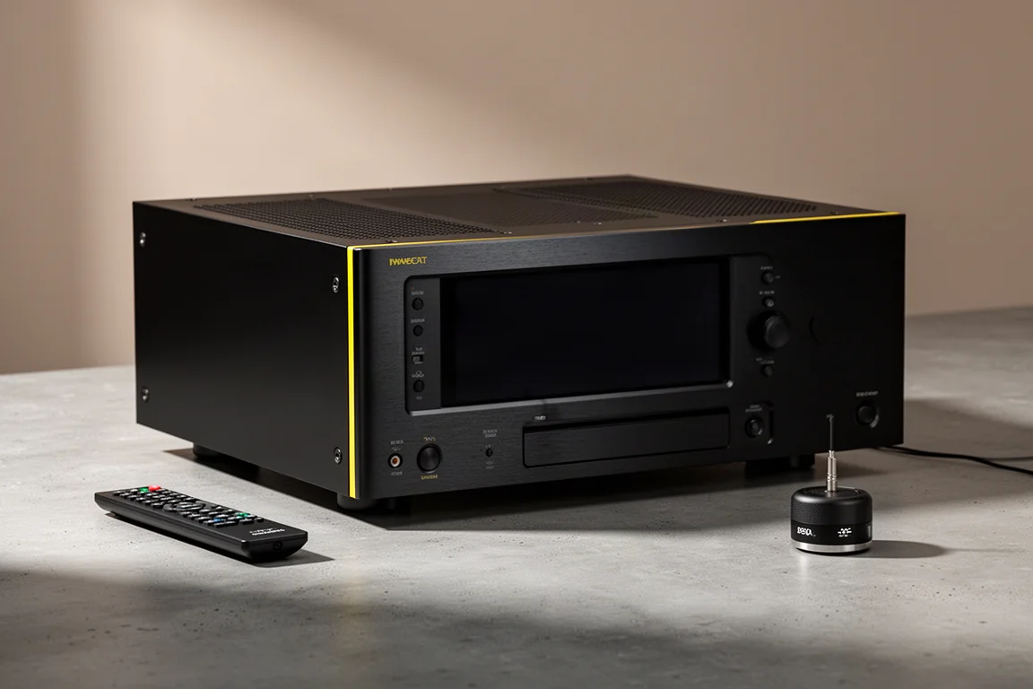 Large black streaming integrated amplifier with yellow accents beside a remote and microphone
