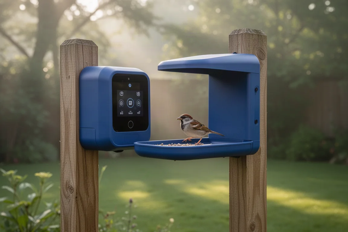 Mangiatoie intelligente blu montata su un palo di legno in un giardino con un uccello in atterraggio