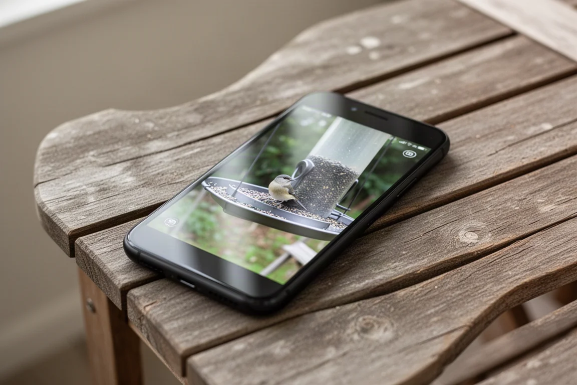 Smartphone che mostra la diretta della telecamera del mangiatoie per uccelli