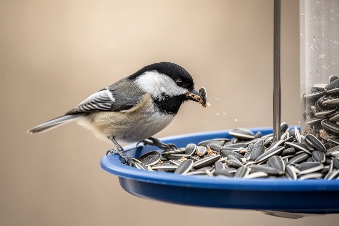 Un cincia appollaiata sul vassoio del mangiatoie mentre mangia semi