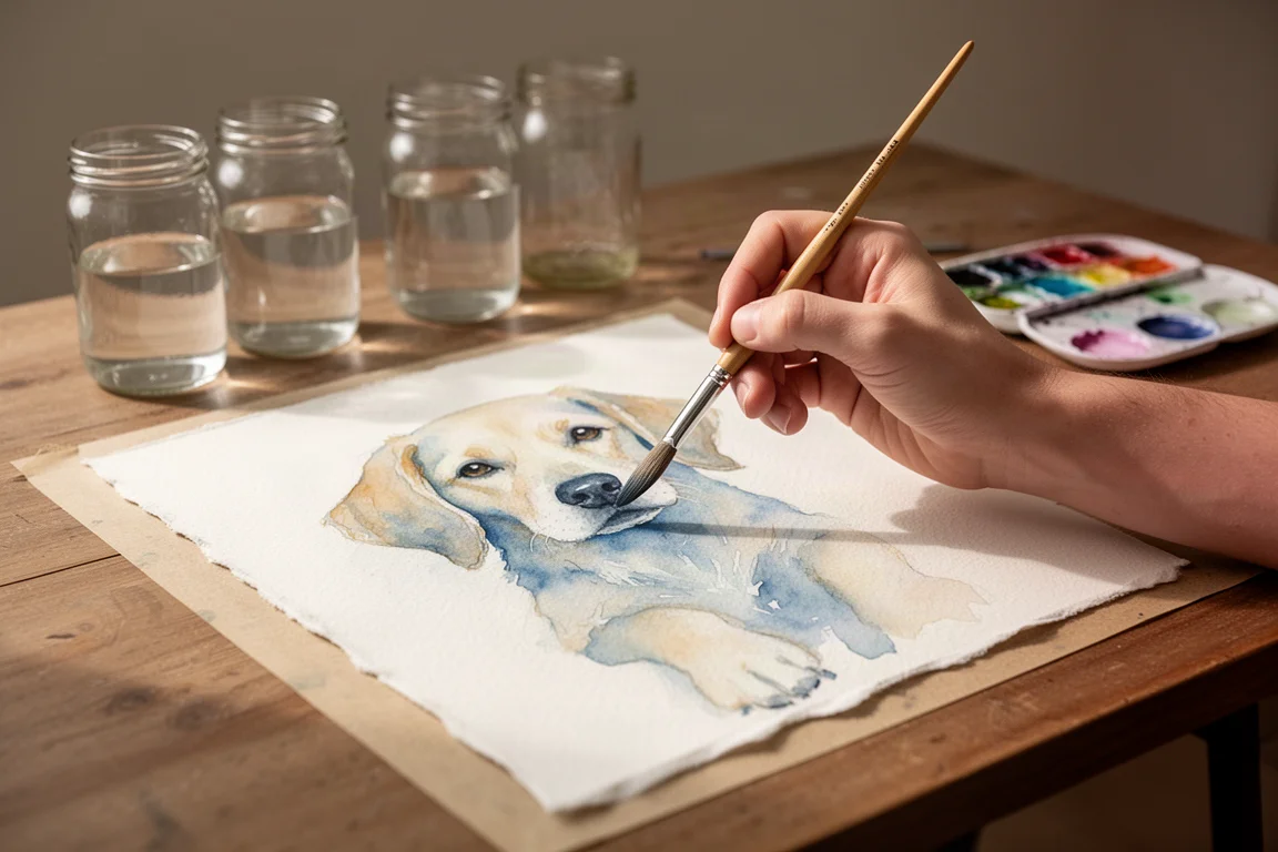 Kunstenaar schildert een huisdierenportret met gouache op aquarelpapier
