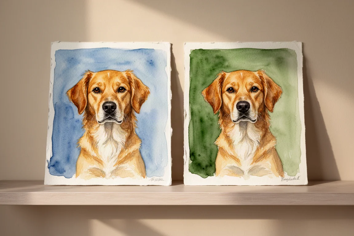 Twee afwijkende gouache-huisdierenportretten op aquarelpapier naast elkaar