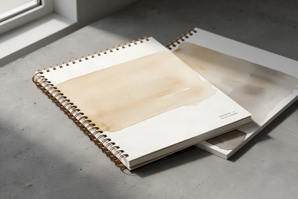 Two spiral-bound watercolor pads on a concrete surface in soft light