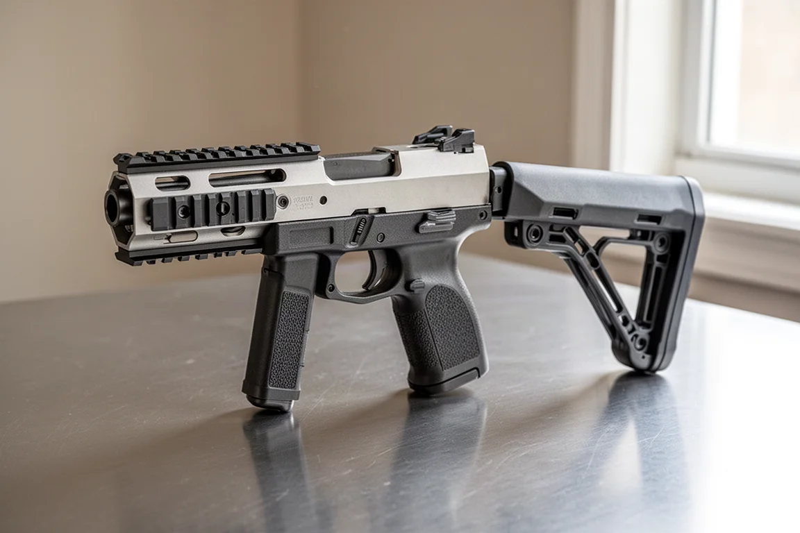 コンクリート面上に置かれた3つのArchwickエアソフト製品:L119A2ライフル、Glock PDWキット、SXX 300スナイパーライフル