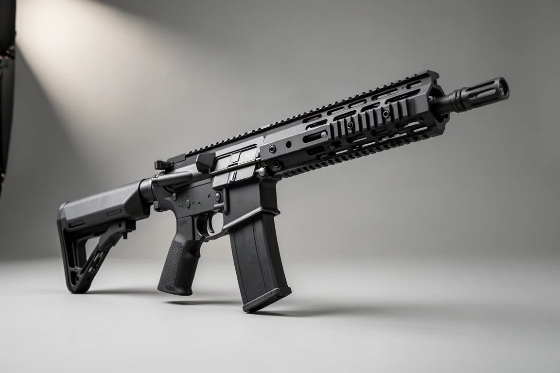 コンクリート面上に置かれた3つのArchwickエアソフト製品:L119A2ライフル、Glock PDWキット、SXX 300スナイパーライフル