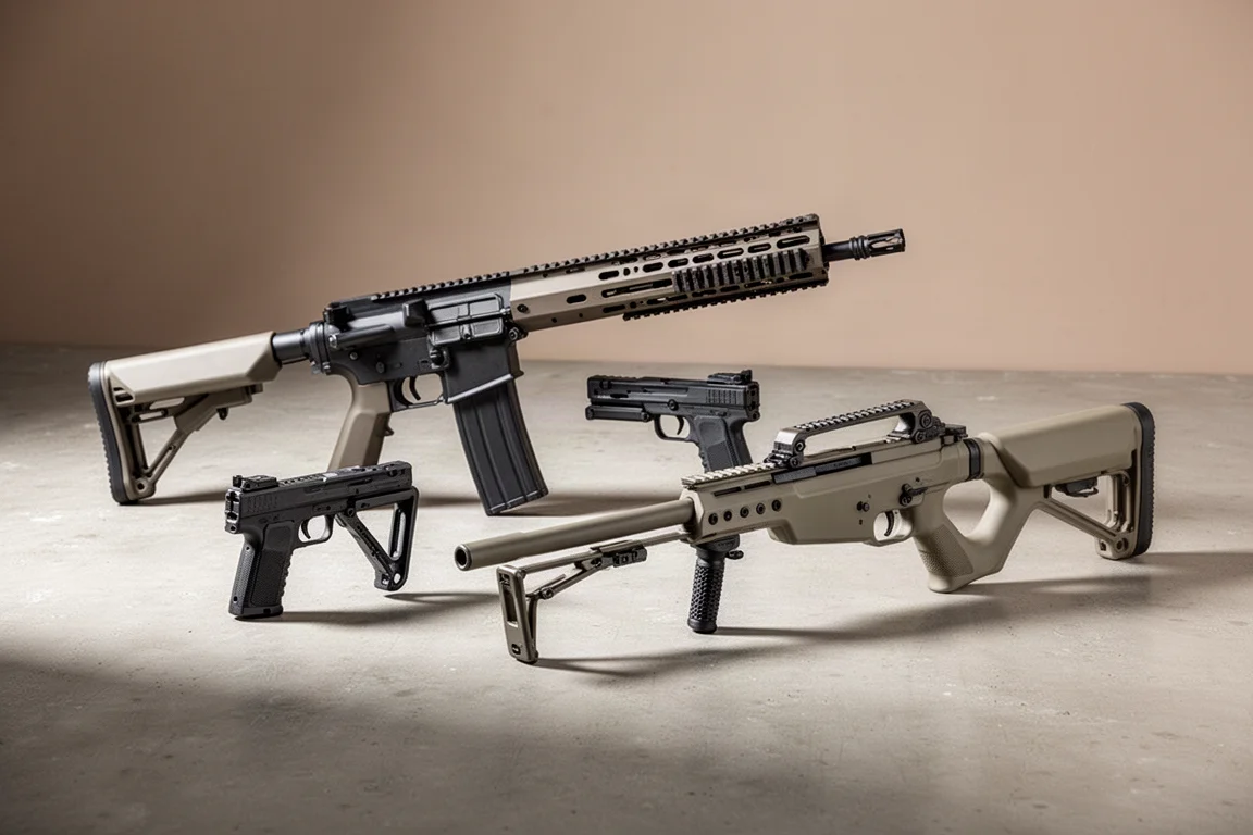 コンクリート面上に置かれた3つのArchwickエアソフト製品：L119A2ライフル、Glock PDWキット、SXX 300スナイパーライフル