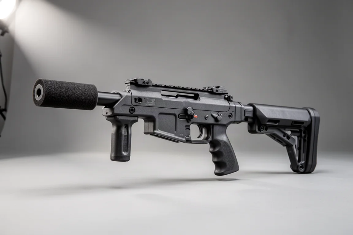 コンクリート面上に置かれた3つのArchwickエアソフト製品:L119A2ライフル、Glock PDWキット、SXX 300スナイパーライフル