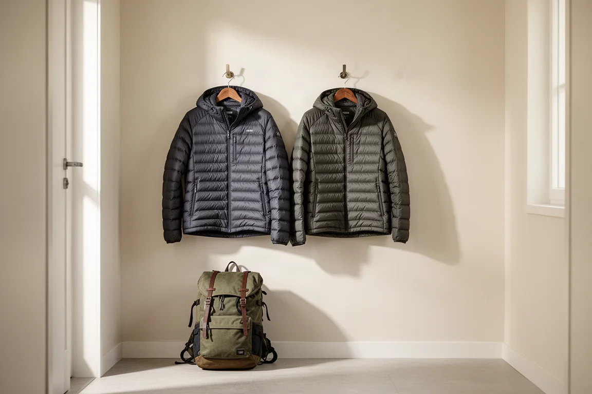 Vista cenital de una chaqueta doblada, gorro, guantes y mochila de día