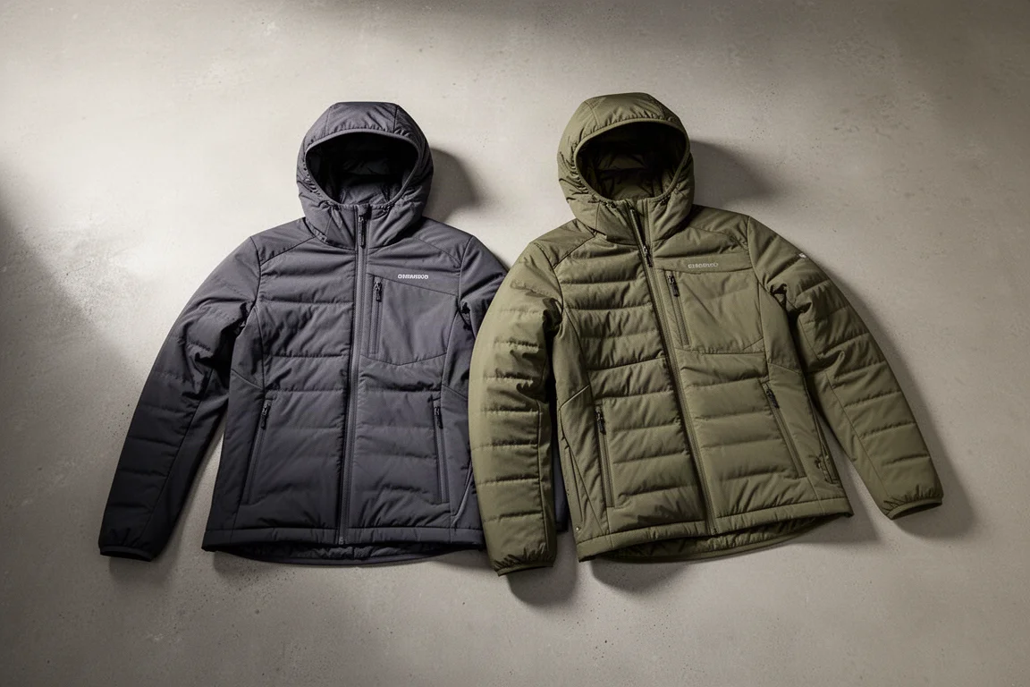 Two synthetic insulated jackets side by side on a matte concrete surface